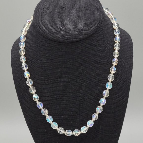 Womens Clear AB Aurora Borealis Faceted Crystal Fashion Beaded Necklace 17 in - Picture 1 of 7